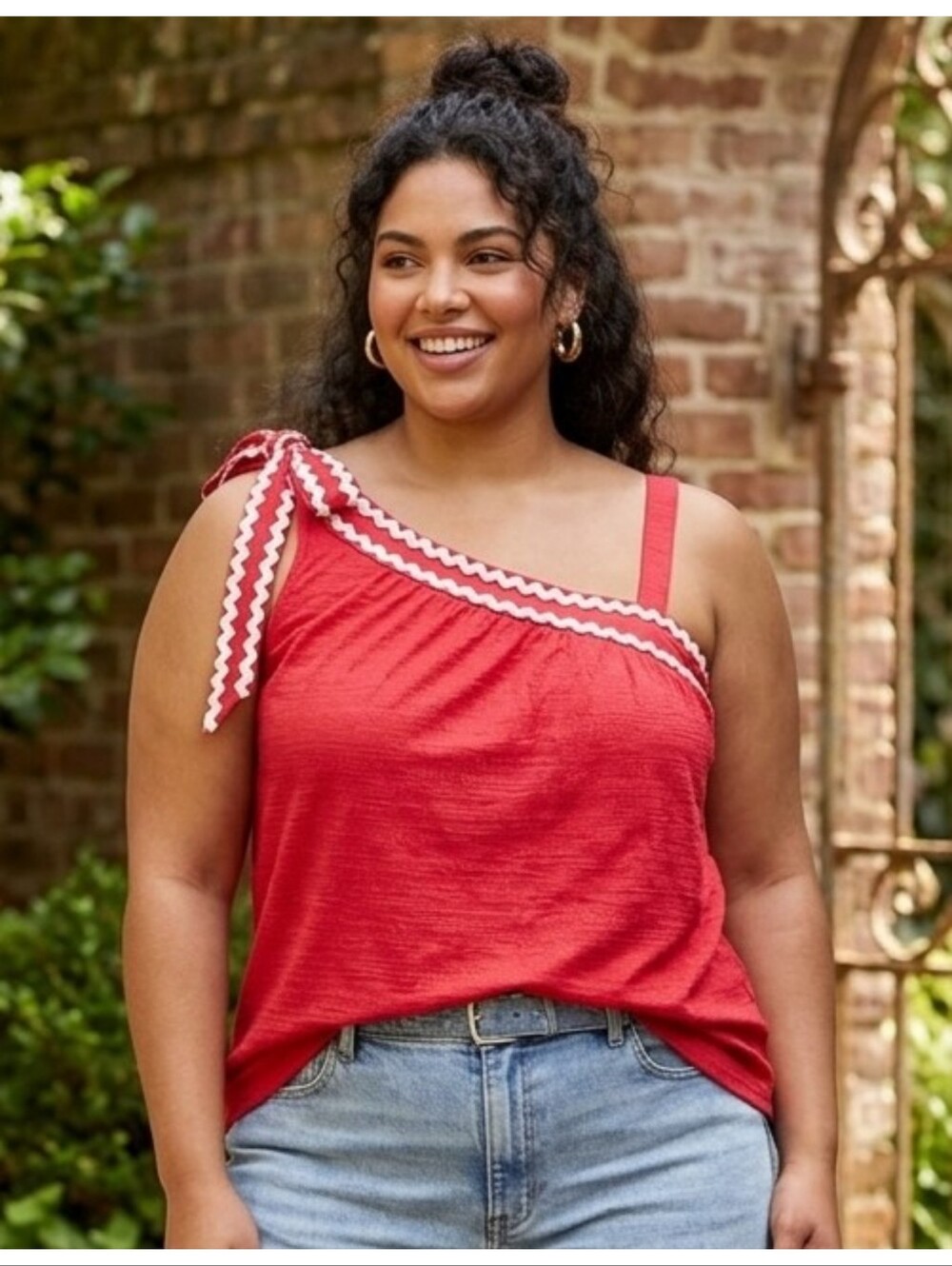 Shoulder Tie Tank Top Red & White Size XL